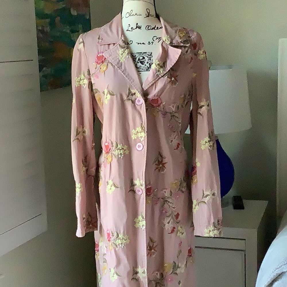 Johnny was duster, jacket pink with intricate embroidery